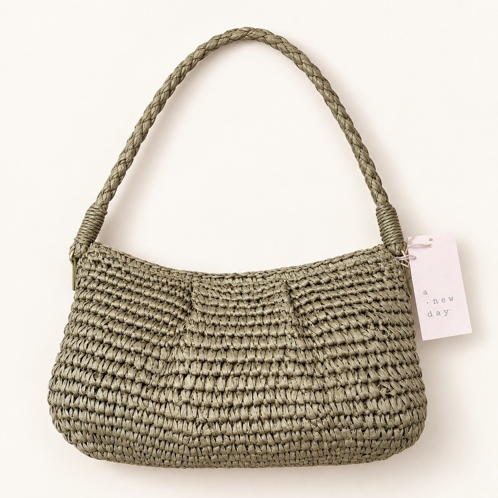 A New Day Women Olive Green Straw Crochet Shoulder Bag Baguette Zipper Closure - Picture 4 of 4